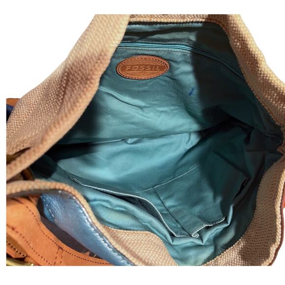 Vintage FOSSIL Leather Canvas Bag Patchwork Circles Crossbody Shoulder Logo Key - Picture 6 of 9